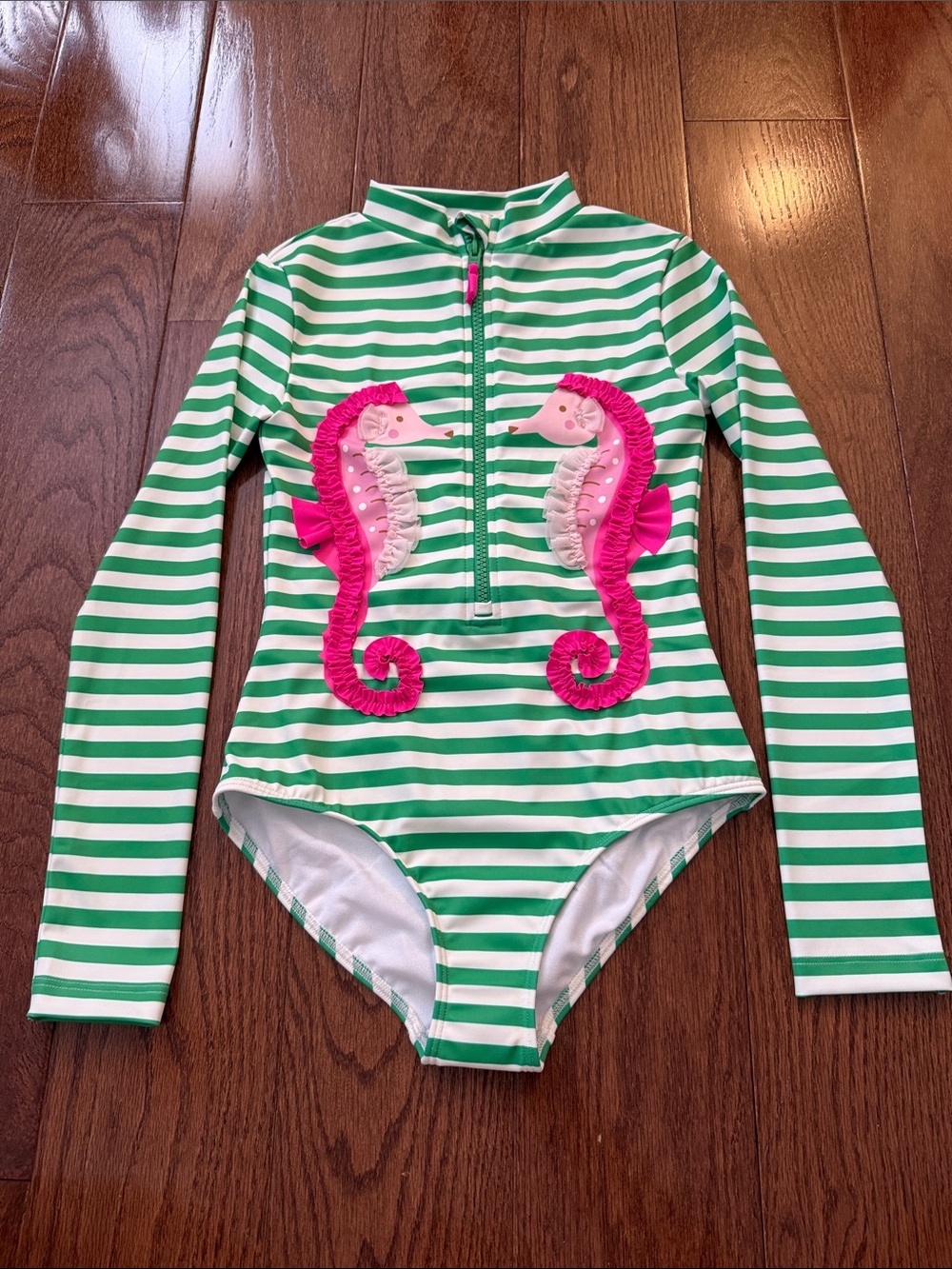 Mini Boden Green & White Striped One-Piece Swimsuit with Pink Seahorses